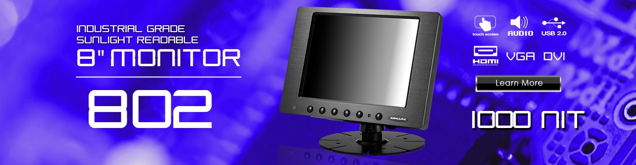 8 inch monitor, 8 inch touchscreen, small monitor, small touchscreen https://www.xenarc.com ruggedized solutions manufacturer for all industries  HDMI, VGA, DVI, SDI Video Inputs